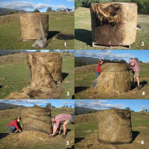 The best way to put a round bale Haysaver net on.